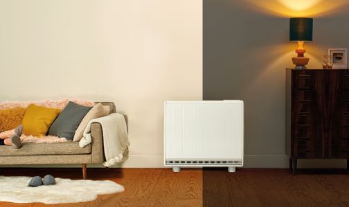 Dimplex quantum storage heater in living room between a sofa and a unit