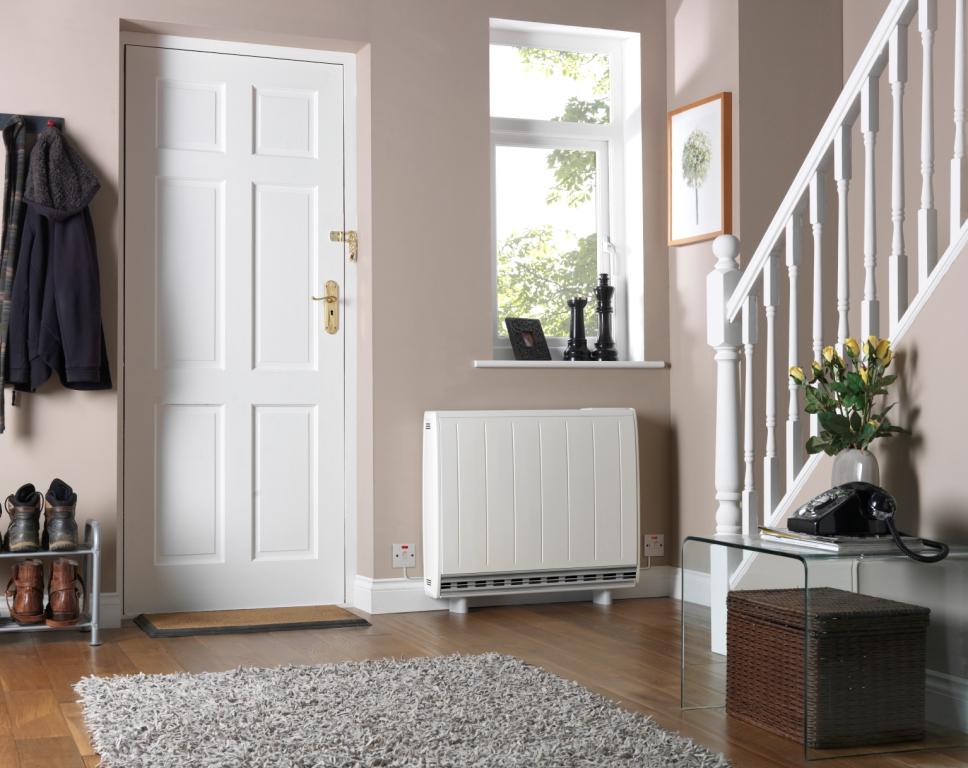Dimplex Quantum high heat retention storage heater fitted below a window in a bright hallway