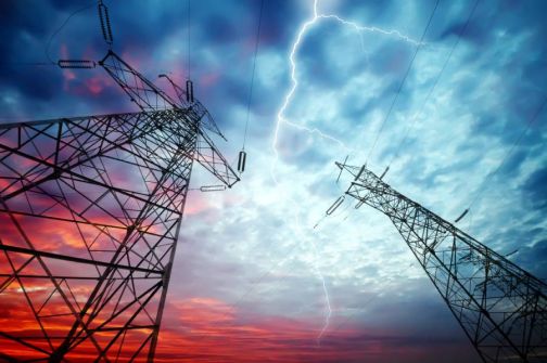 lightning strike between electricity pylons