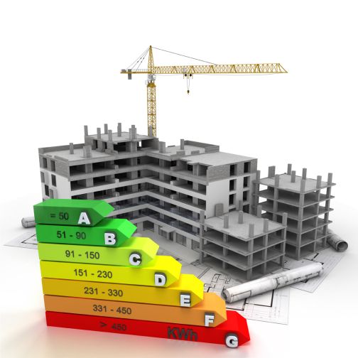 model construction site with energy rating graphic 