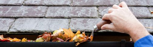hand scooping out leaves in a gutter with a trowel