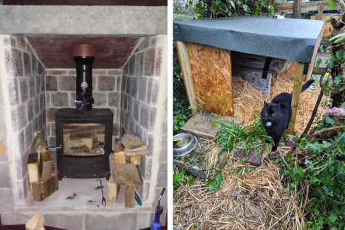 Repurposing Dimplex Quantum bricks for wood-burning stove surround and cat shelter